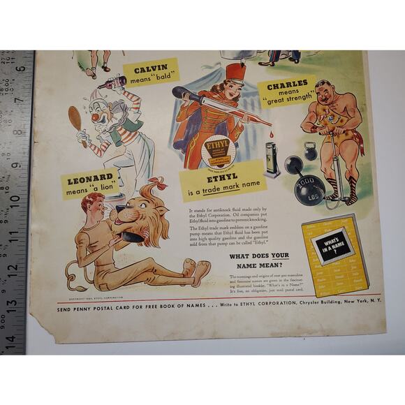1943 Fun Circus Theme Ethyl Corp Print Ad What Does Your Name Mean 1940s Cartoon - Picture 5 of 8